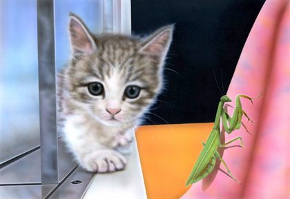 リアリズム絵画 リアルイラスト 動物の絵 子猫の絵 Curious Kitten Ii カマキリの危機 仮タイトル 5月17日のマンチカン２ ナニコレ