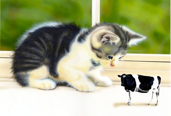子猫の絵：ねこと牛