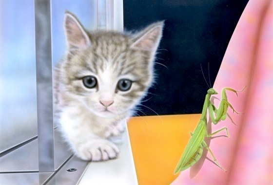 子猫の絵：Curious kitten II 〜カマキリの危機〜