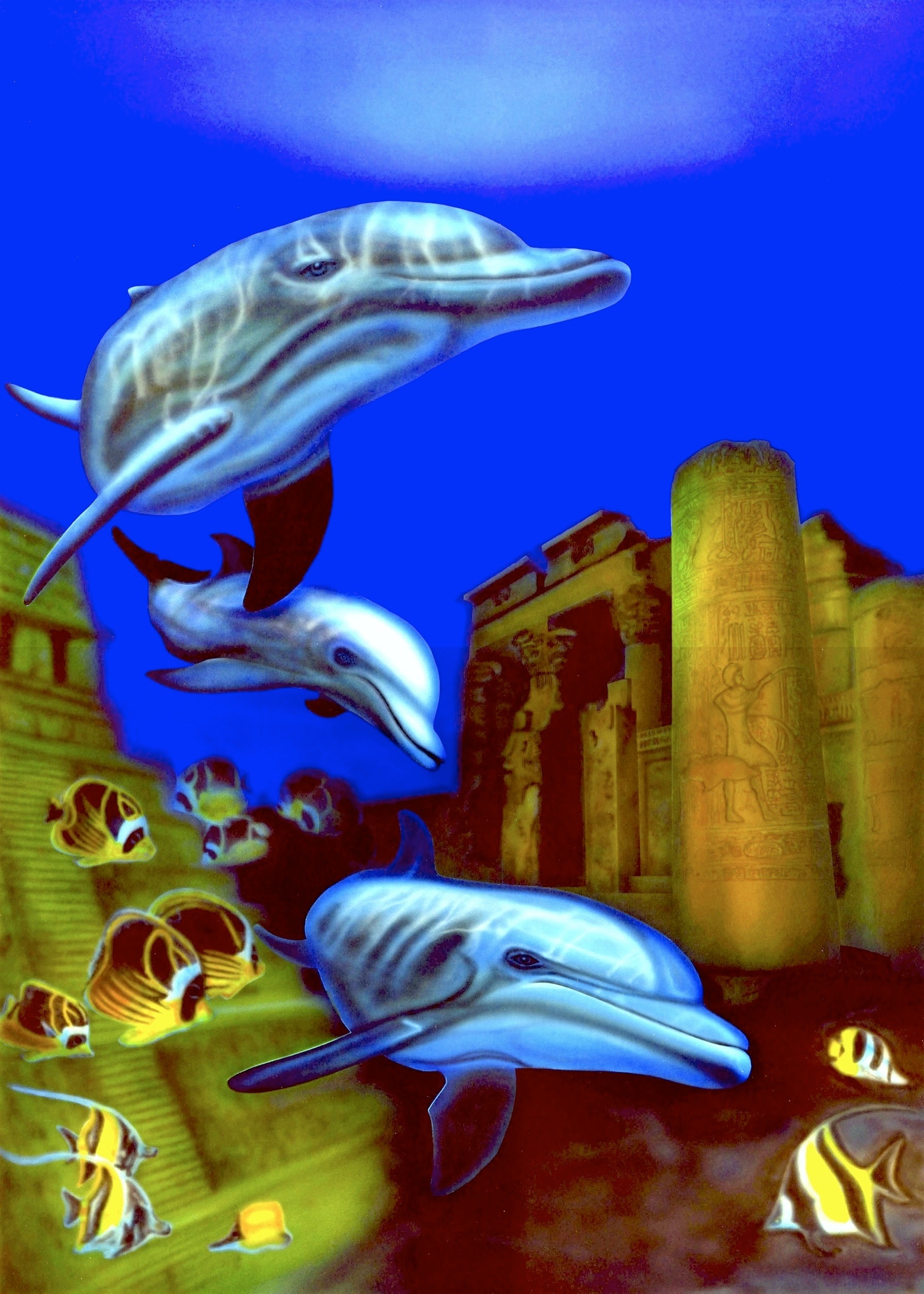 リアリズム絵画 動物の絵 動物イラスト イルカ イルカと遺跡